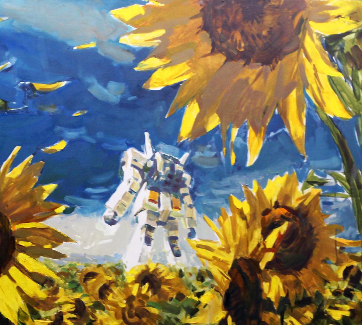 Oil painting by South Ed Potapenkov: white orange Gundam in yellow sunflower field