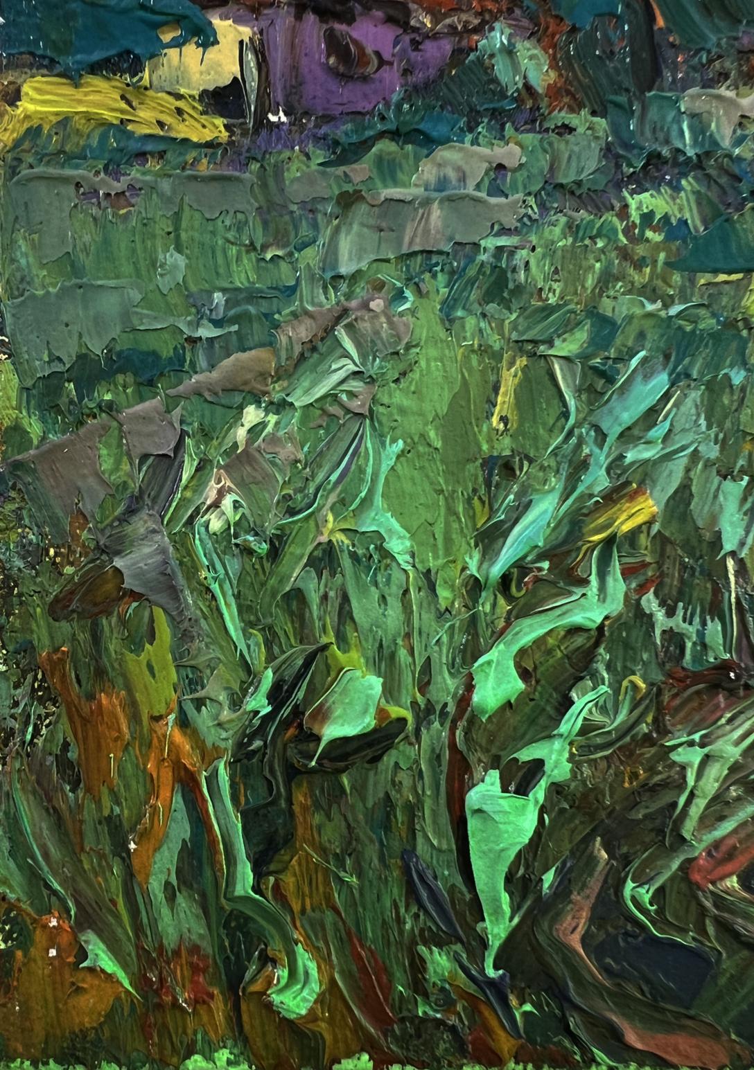 Oil painting The moon shines over the field by Oleksiy Ivanyuk with textured green layers
