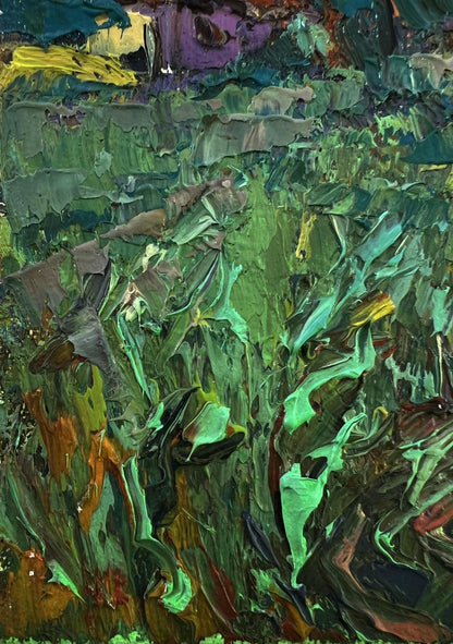 Oil painting The moon shines over the field by Oleksiy Ivanyuk with textured green layers