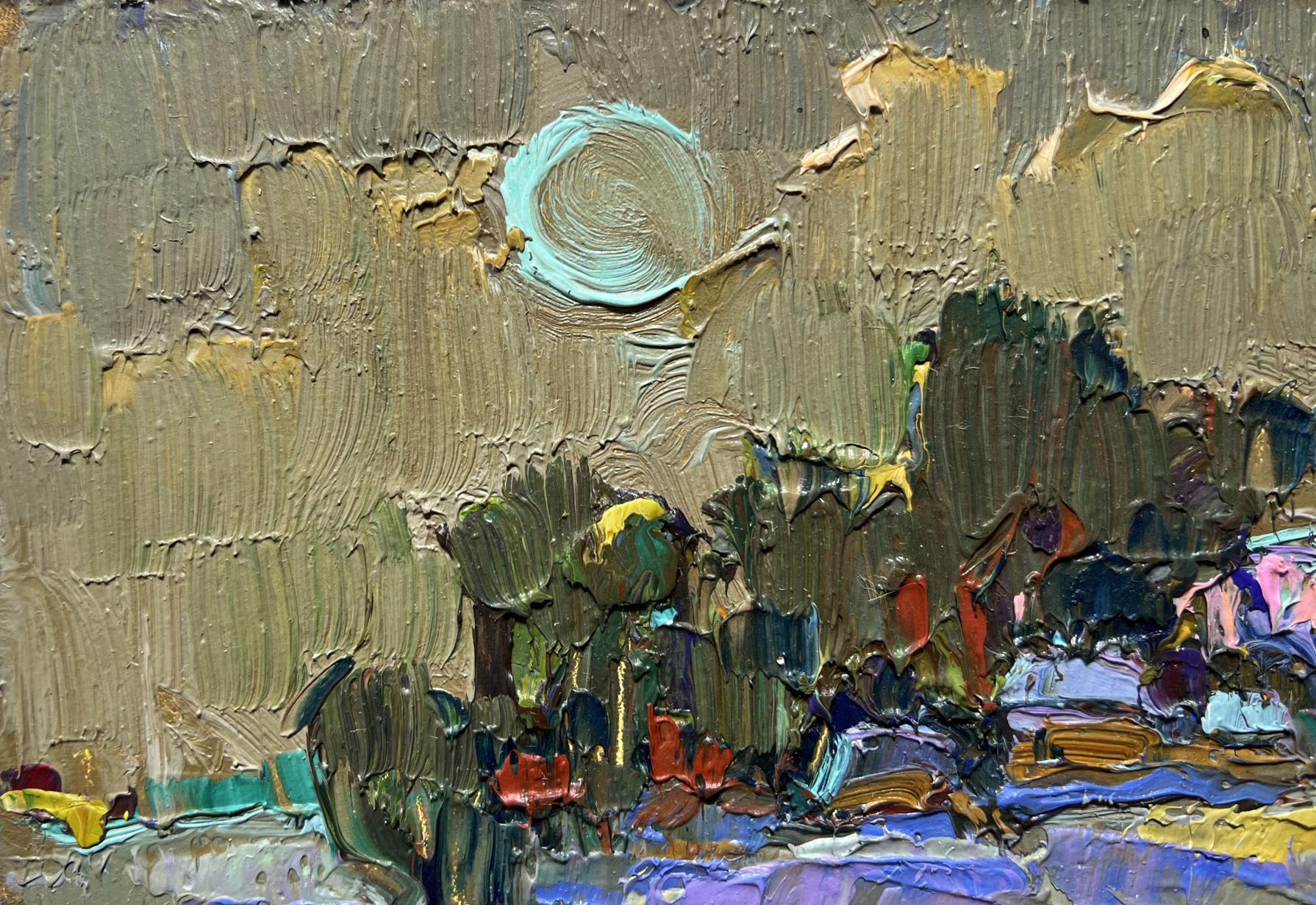 Moonlit night village oil painting by Oksana Ivanyuk with turquoise moon