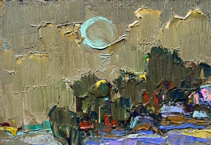 Moonlit night village oil painting by Oksana Ivanyuk with turquoise moon