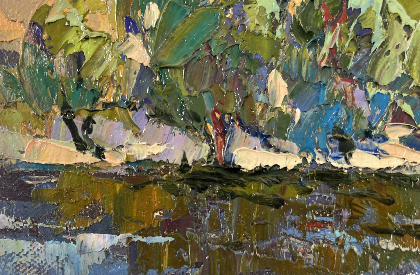Oil painting High noon heat by Oksana Ivanyuk with green foliage and blue water
