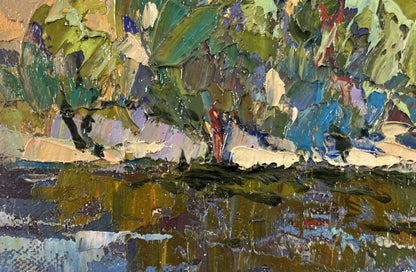 Oil painting High noon heat by Oksana Ivanyuk with green foliage and blue water