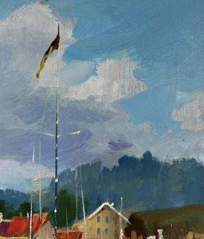 Weathered flag with yellow and brown stripes on pole in Yuriy Suprunchuk oil painting