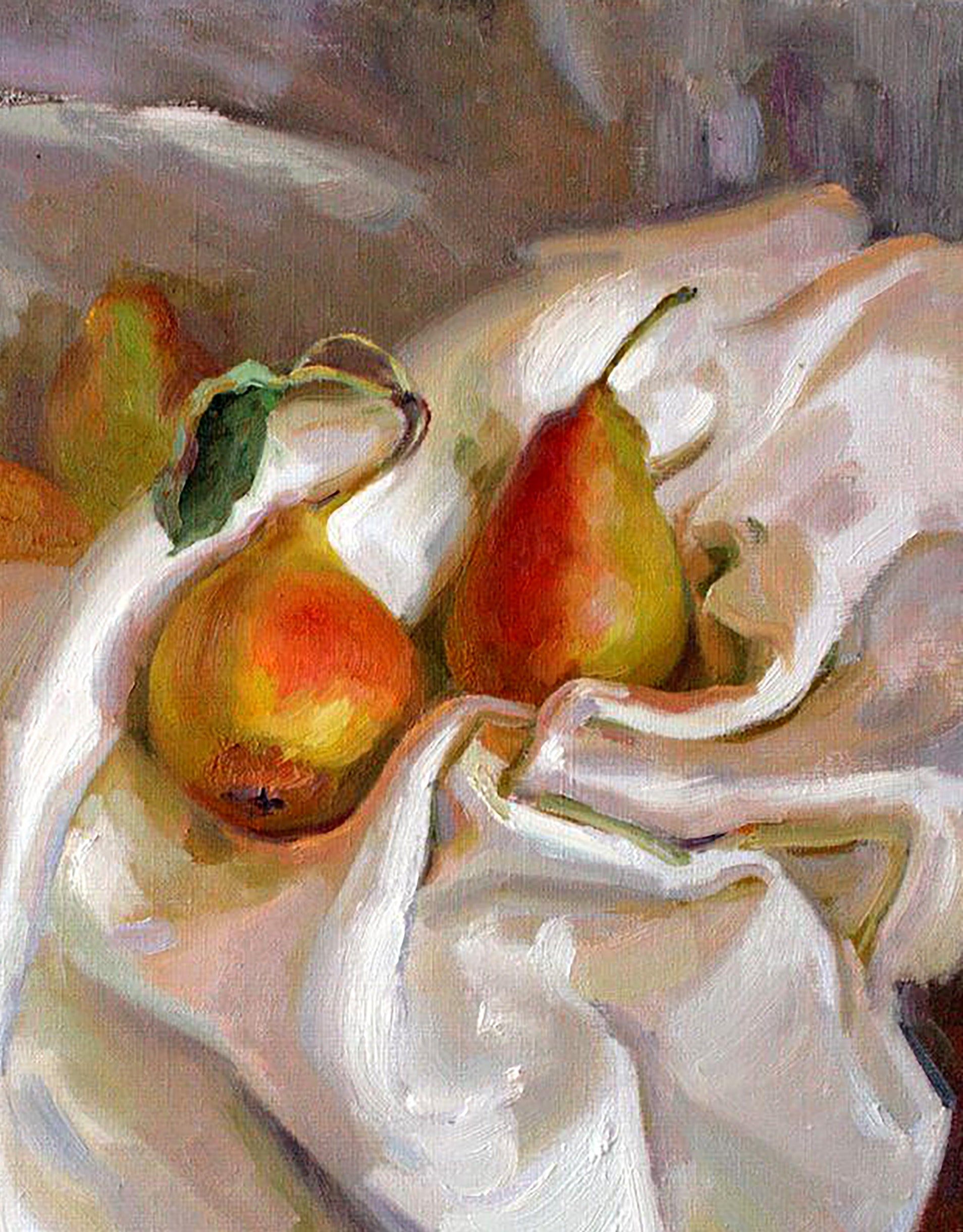 Oil painting of two ripe yellow-red pears by Leonid Pavlenko on white fabric
