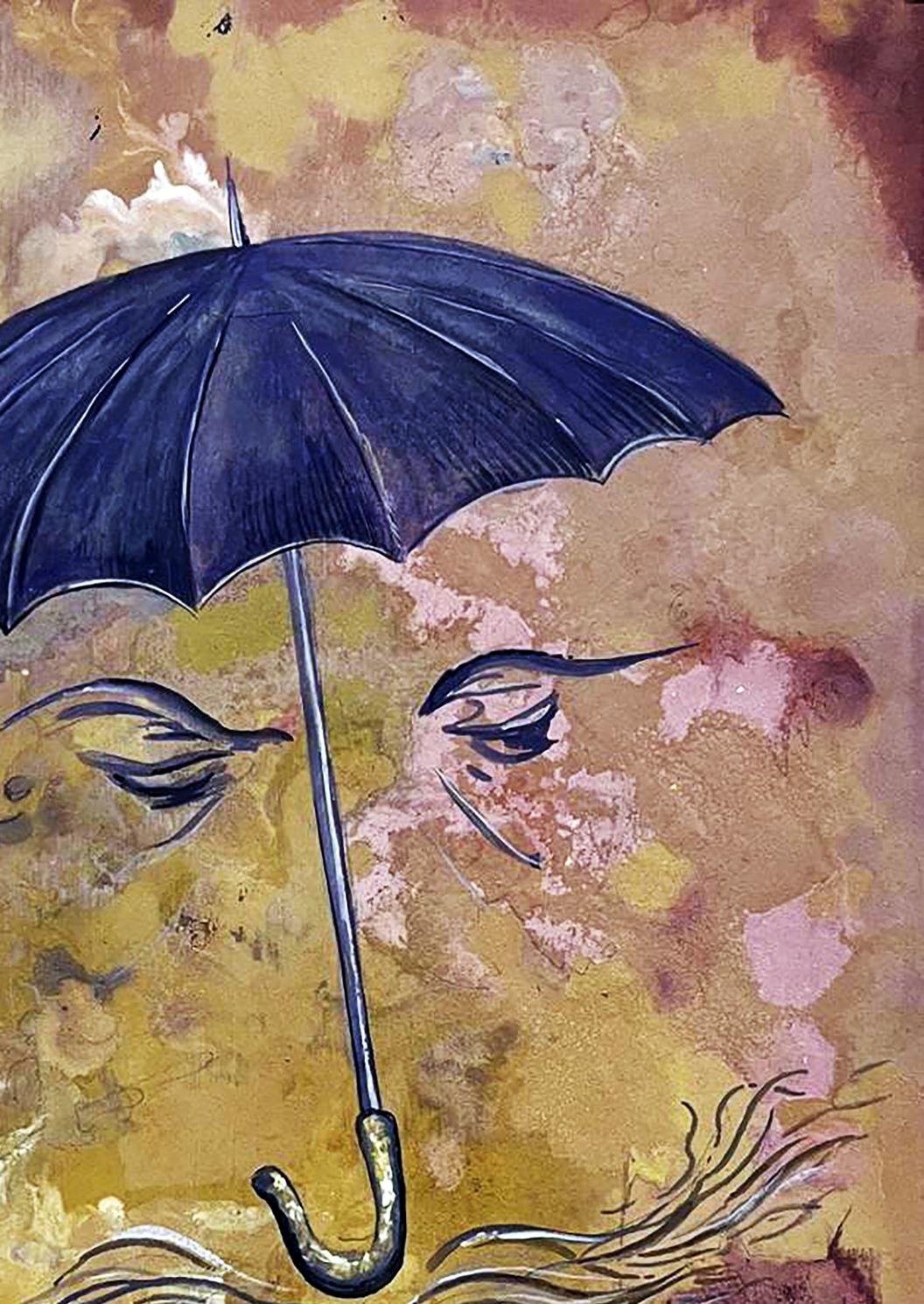 Watercolor painting The vacation is over by Dmytro Startsev: dark blue umbrella over eyes