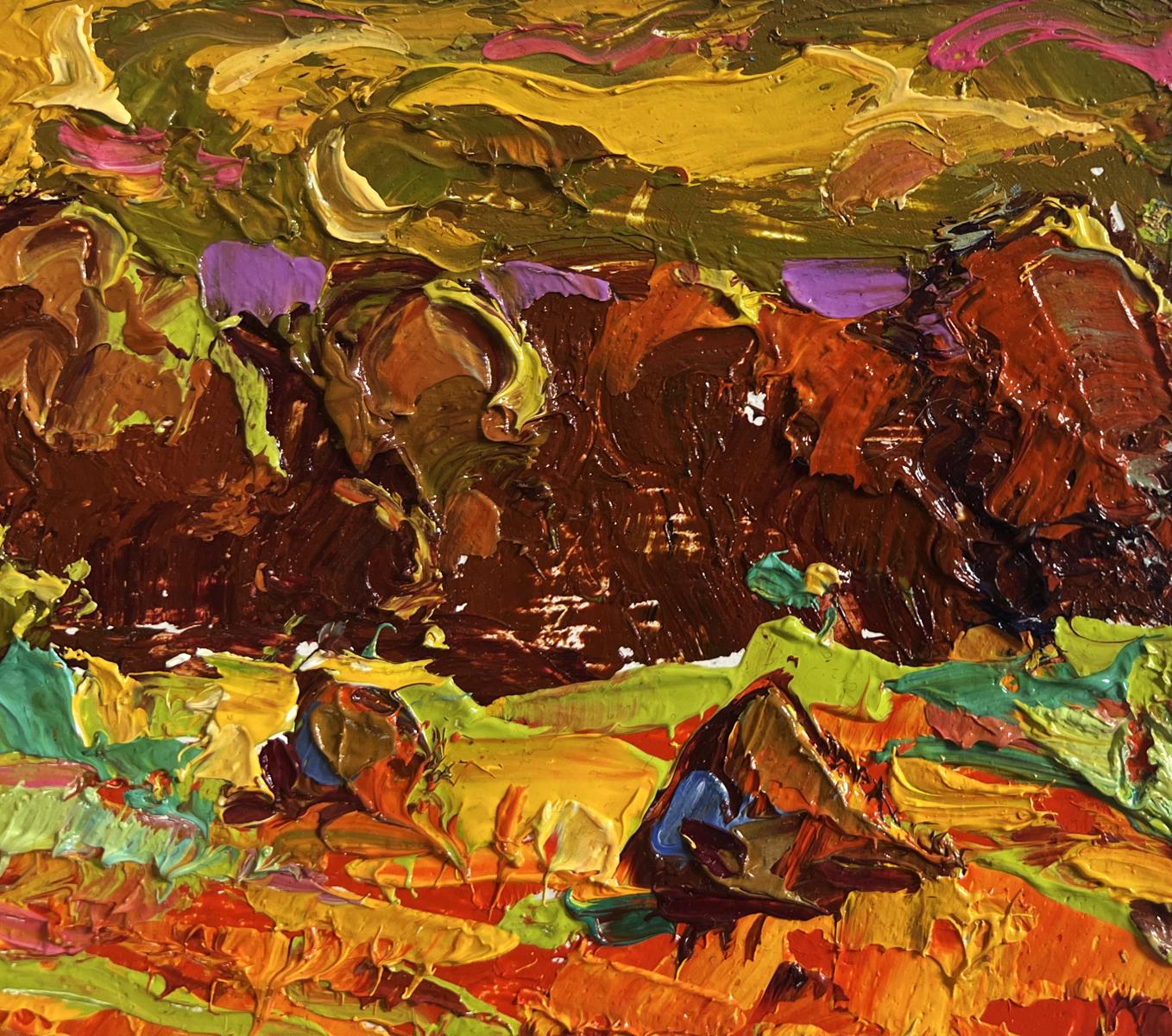 Oil painting Golden haystacks by Oleksiy Ivanyuk vibrant abstract landscape