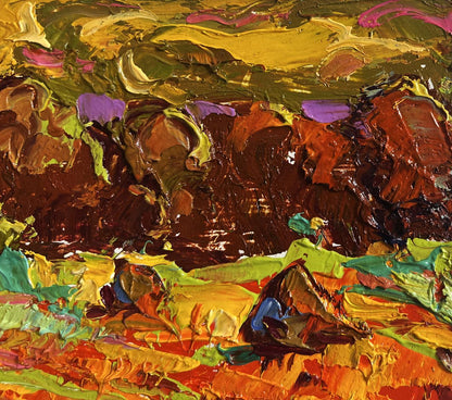 Oil painting Golden haystacks by Oleksiy Ivanyuk vibrant abstract landscape