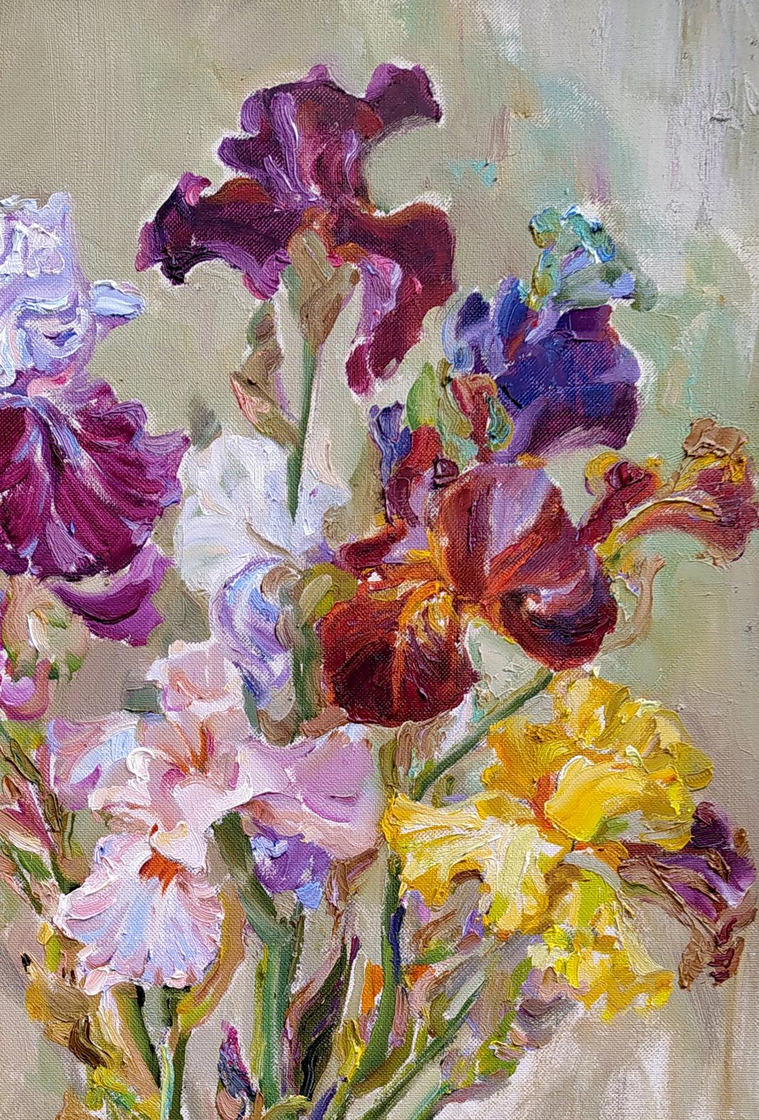 Oil painting Irises by Leonid Pavlenko: vibrant purple, red, pink, yellow bouquet