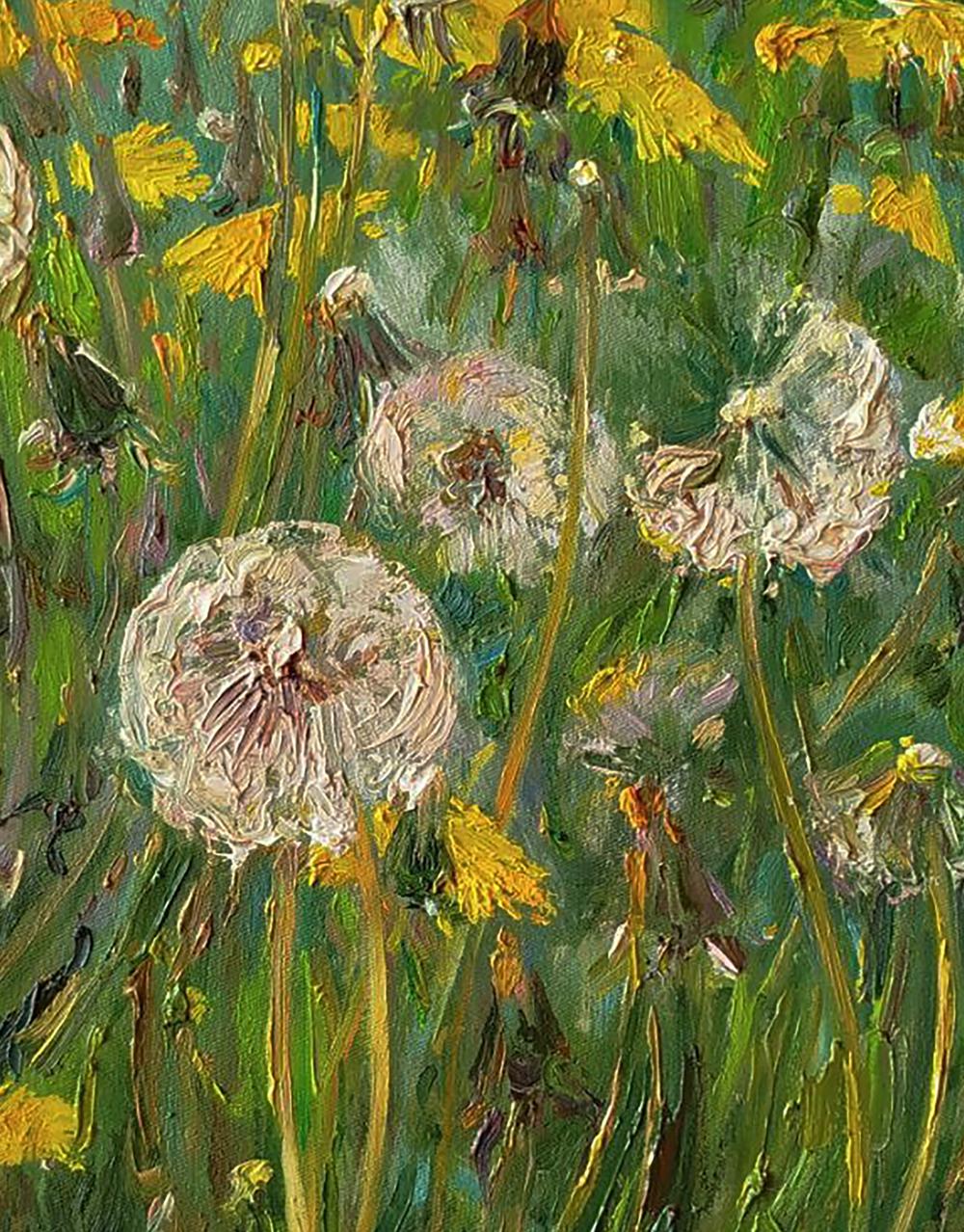 Oil painting of green dandelions by Leonid Pavlenko