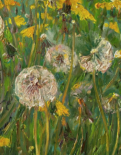 Oil painting of green dandelions by Leonid Pavlenko