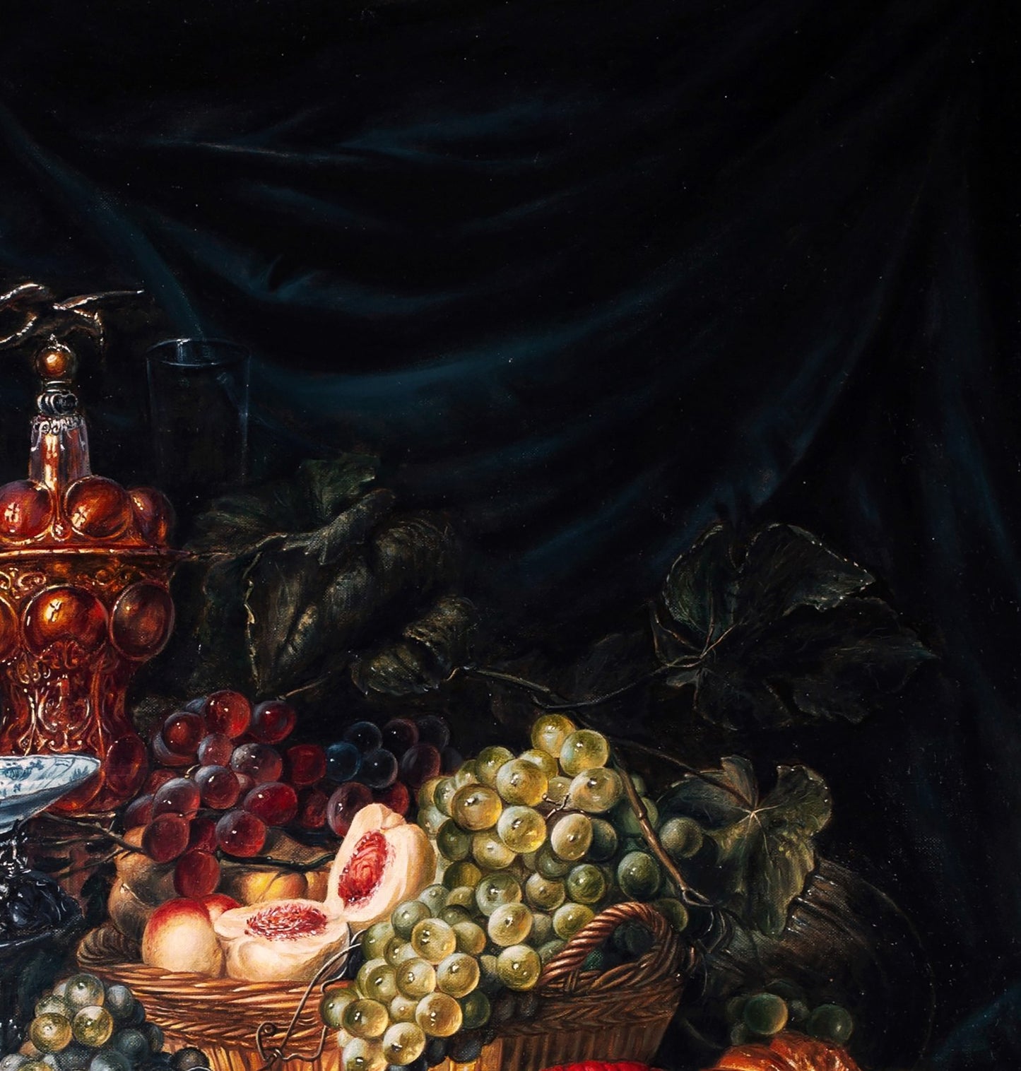 Oil painting Still Life with Golden Cup by Valeriy Bulat: grapes, peaches