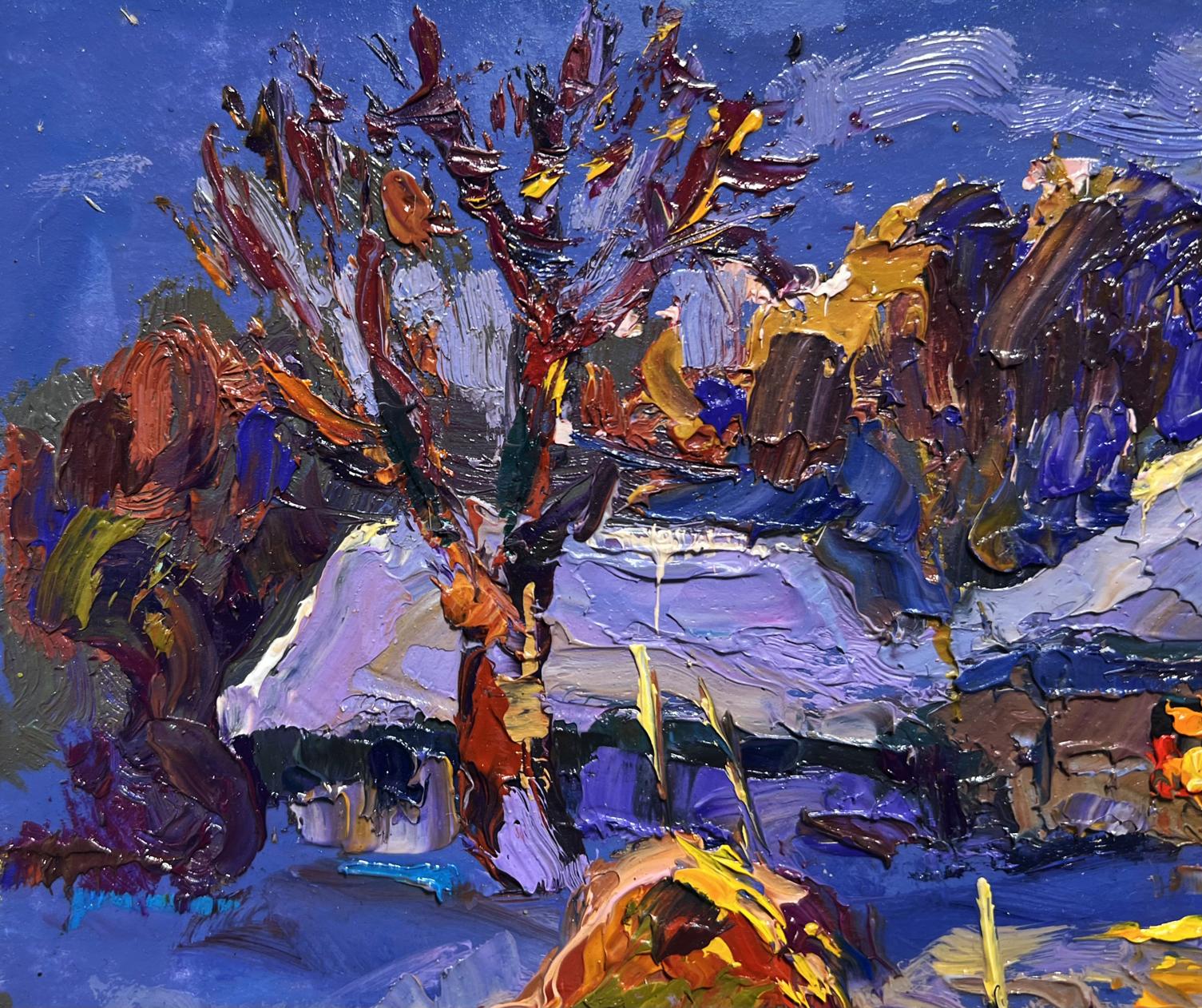 Vibrant impressionist oil painting of frosty winter evening tree by Oksana Ivanyuk