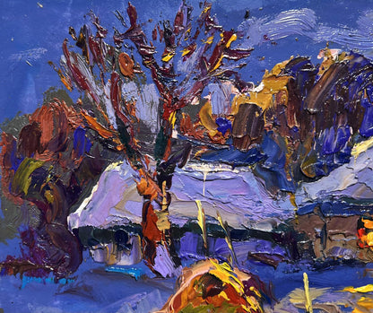 Vibrant impressionist oil painting of frosty winter evening tree by Oksana Ivanyuk