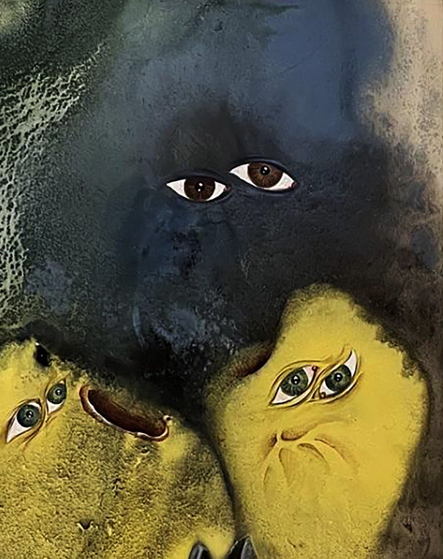 Abstract watercolor painting of stylized dark brown-eyed and yellow greenish-blue-eyed faces by Dmytro Startsev