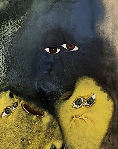 Abstract watercolor painting of stylized dark brown-eyed and yellow greenish-blue-eyed faces by Dmytro Startsev