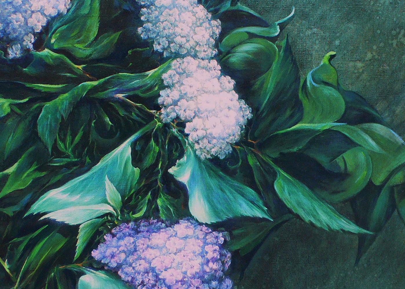 Oil painting of colorful lilac hydrangeas by Vasily Korkishko