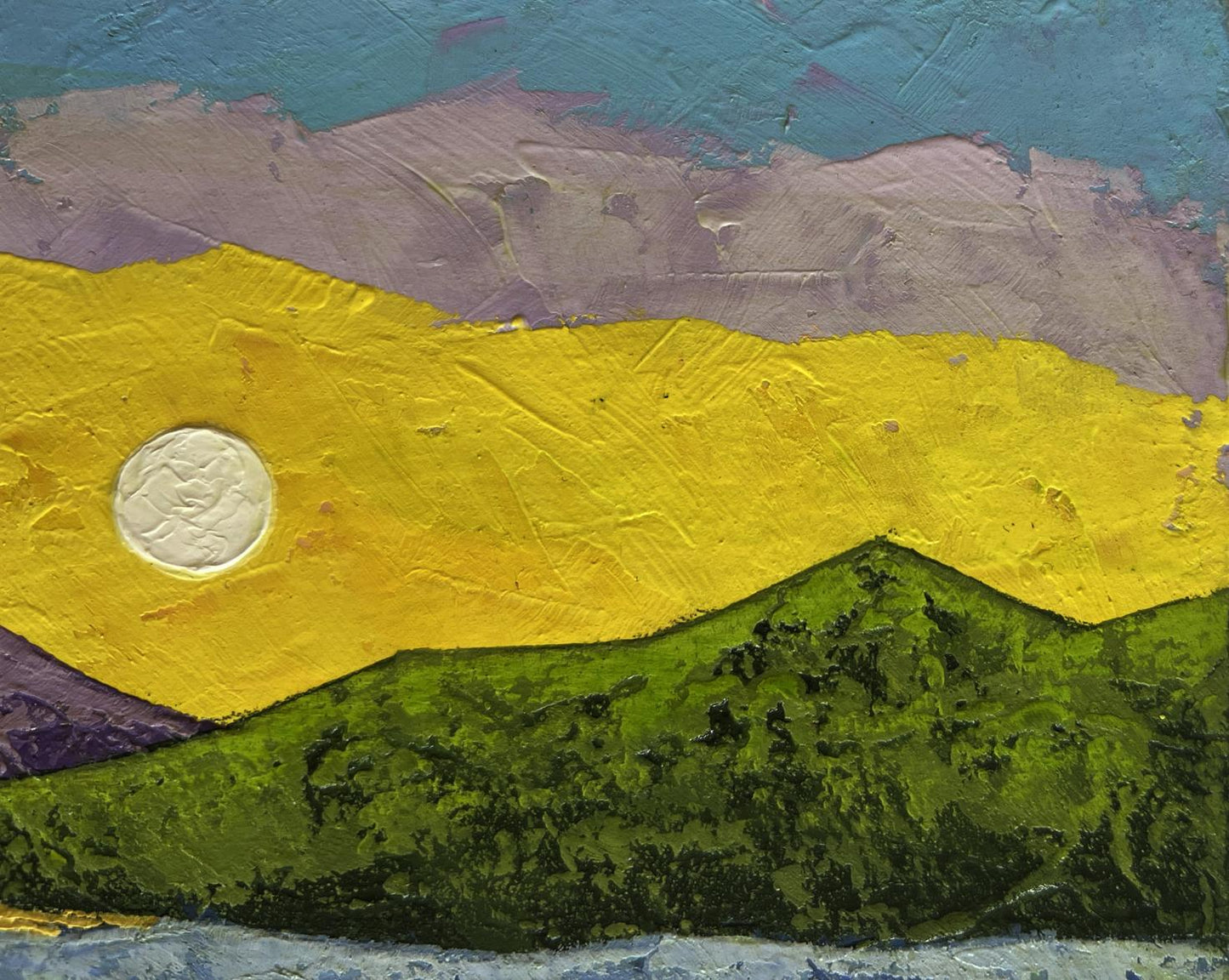 Oil painting The sun is behind the mountains by V. Zadorozhnya, abstract textured landscape
