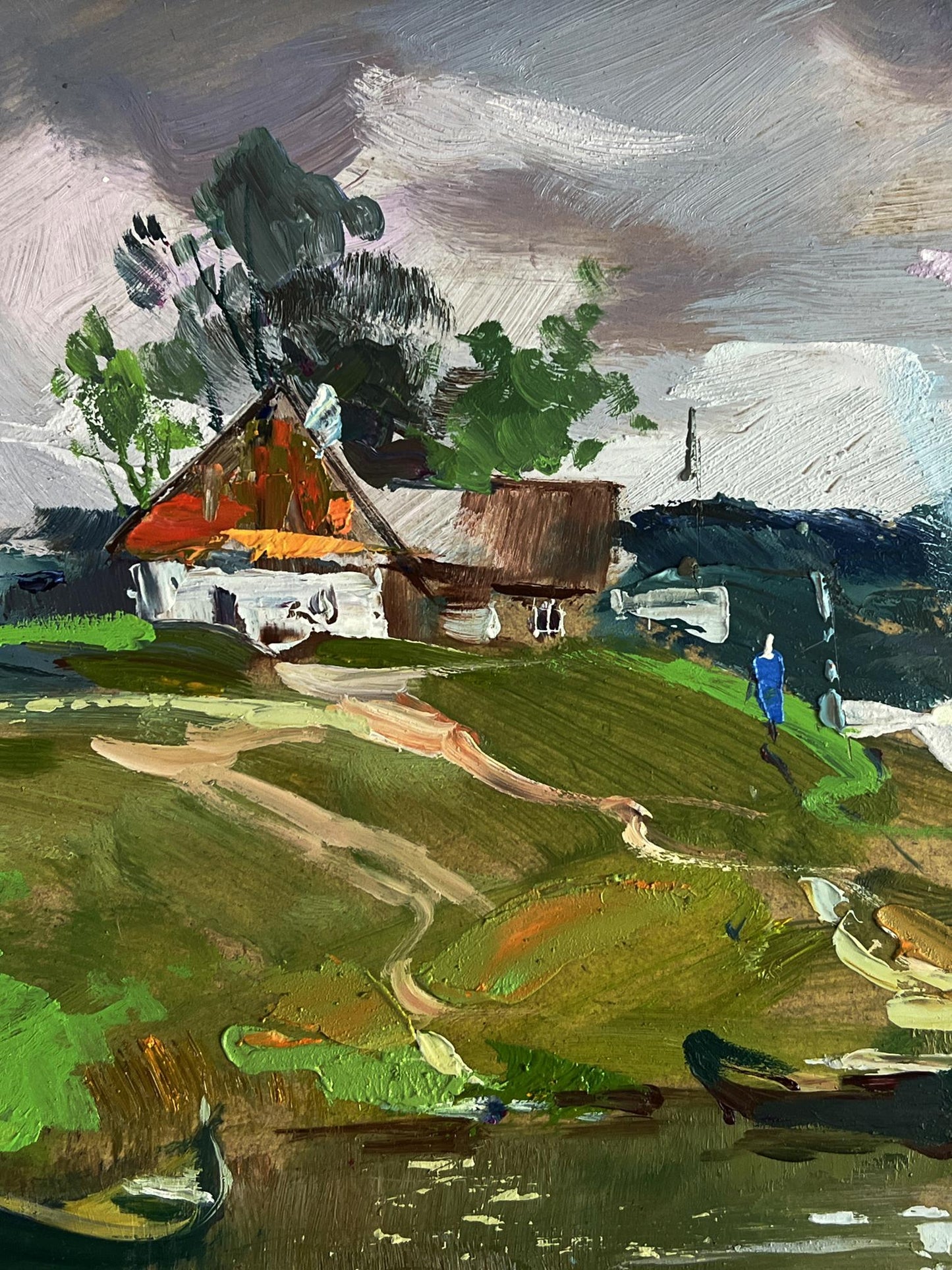 Oil painting of river near rustic village cottage by Yuriy Suprunchuk