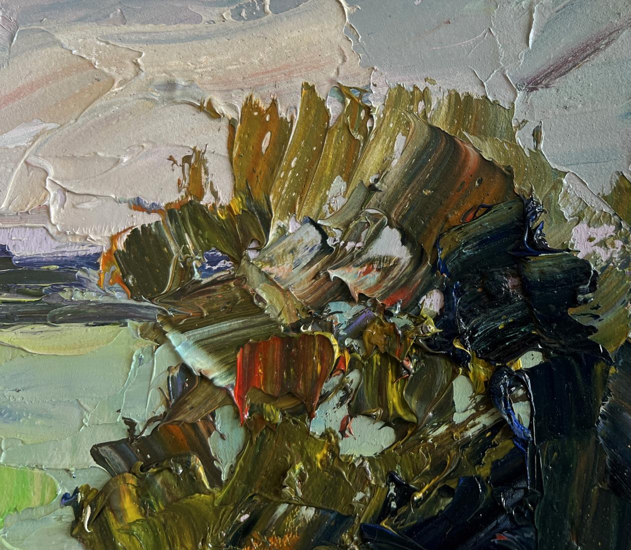 Oil painting Autumn days by the river by Boris Serdyuk, earthy textured abstract