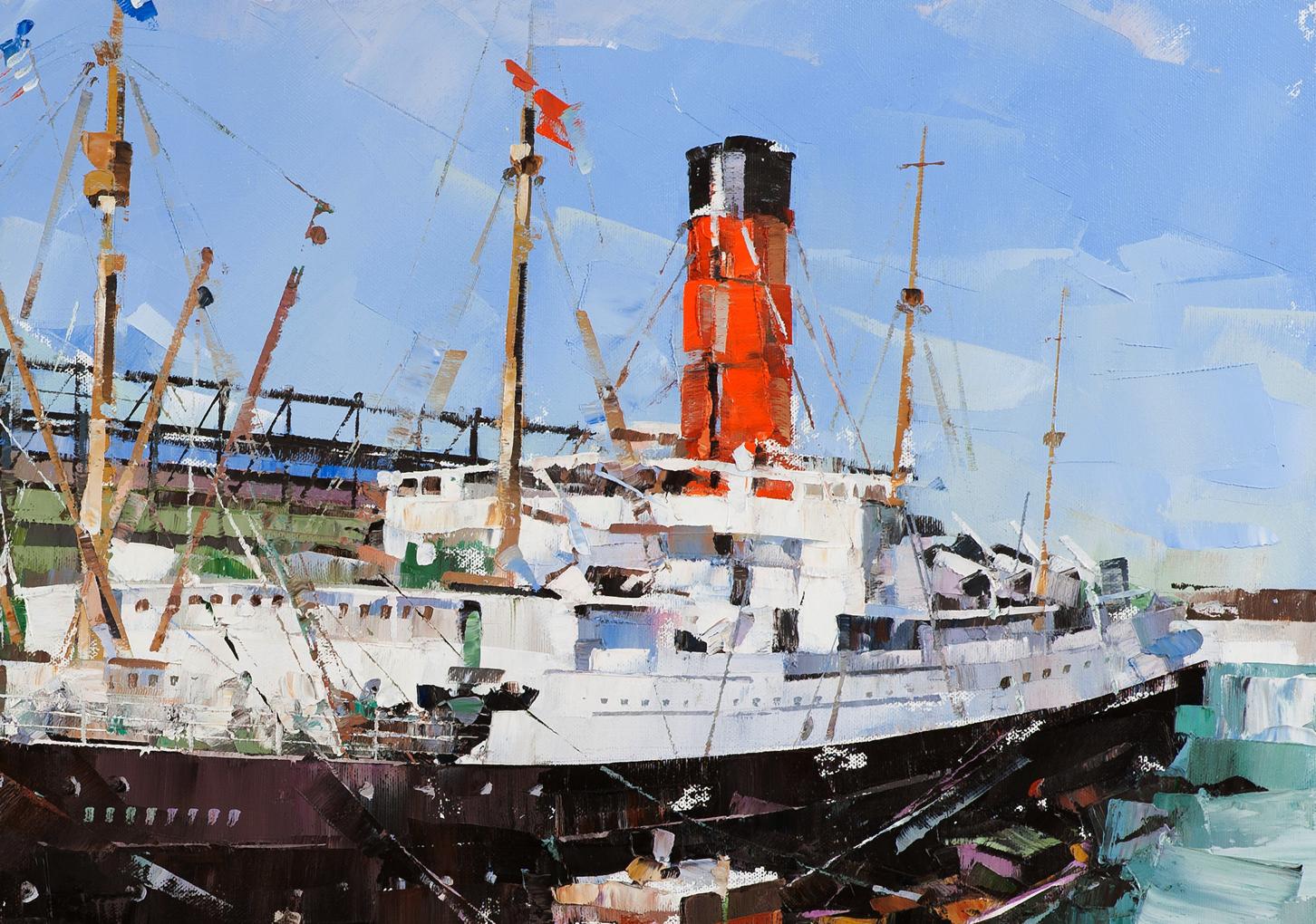 Impressionistic oil painting of white red RMS Carpathia with orange smokestack by Volodymyr Gluhomanyuk