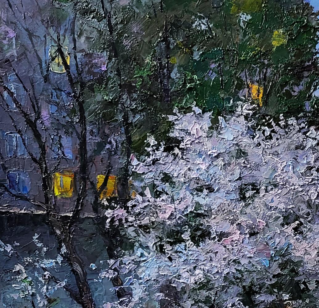 Oil painting Evening courtyard in the city by Boris Serdyuk, white tree foreground