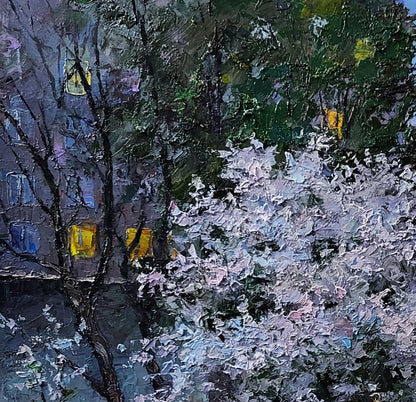 Oil painting Evening courtyard in the city by Boris Serdyuk, white tree foreground