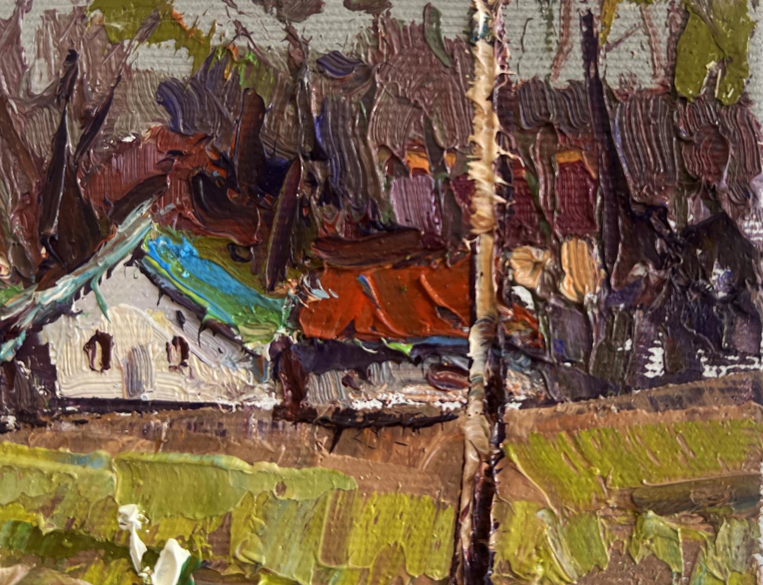 Oil painting Near the village lake by Oksana Ivanyuk: white house, green roof, trees