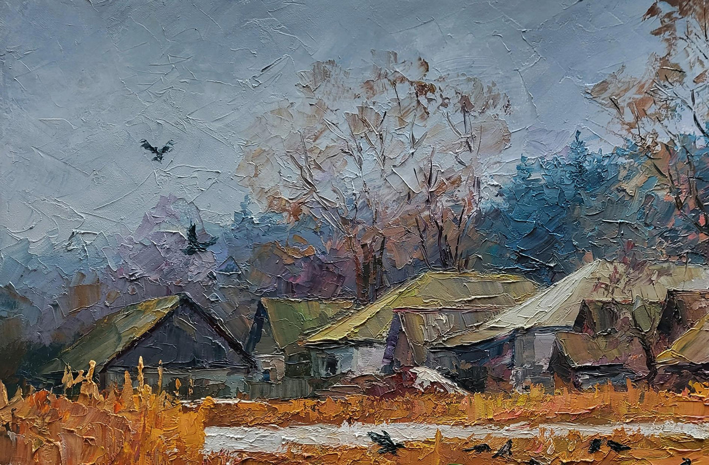 Oil painting The first snow fell in the village by Boris Serdyuk