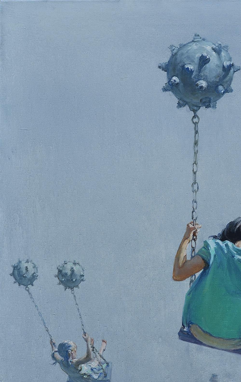 Oil painting of aerial skating with metallic spiked ball on chain by Oleg Kateryniuk