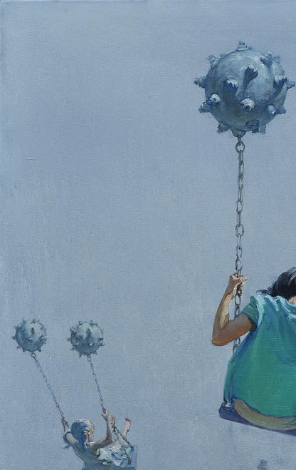 Oil painting of aerial skating with metallic spiked ball on chain by Oleg Kateryniuk