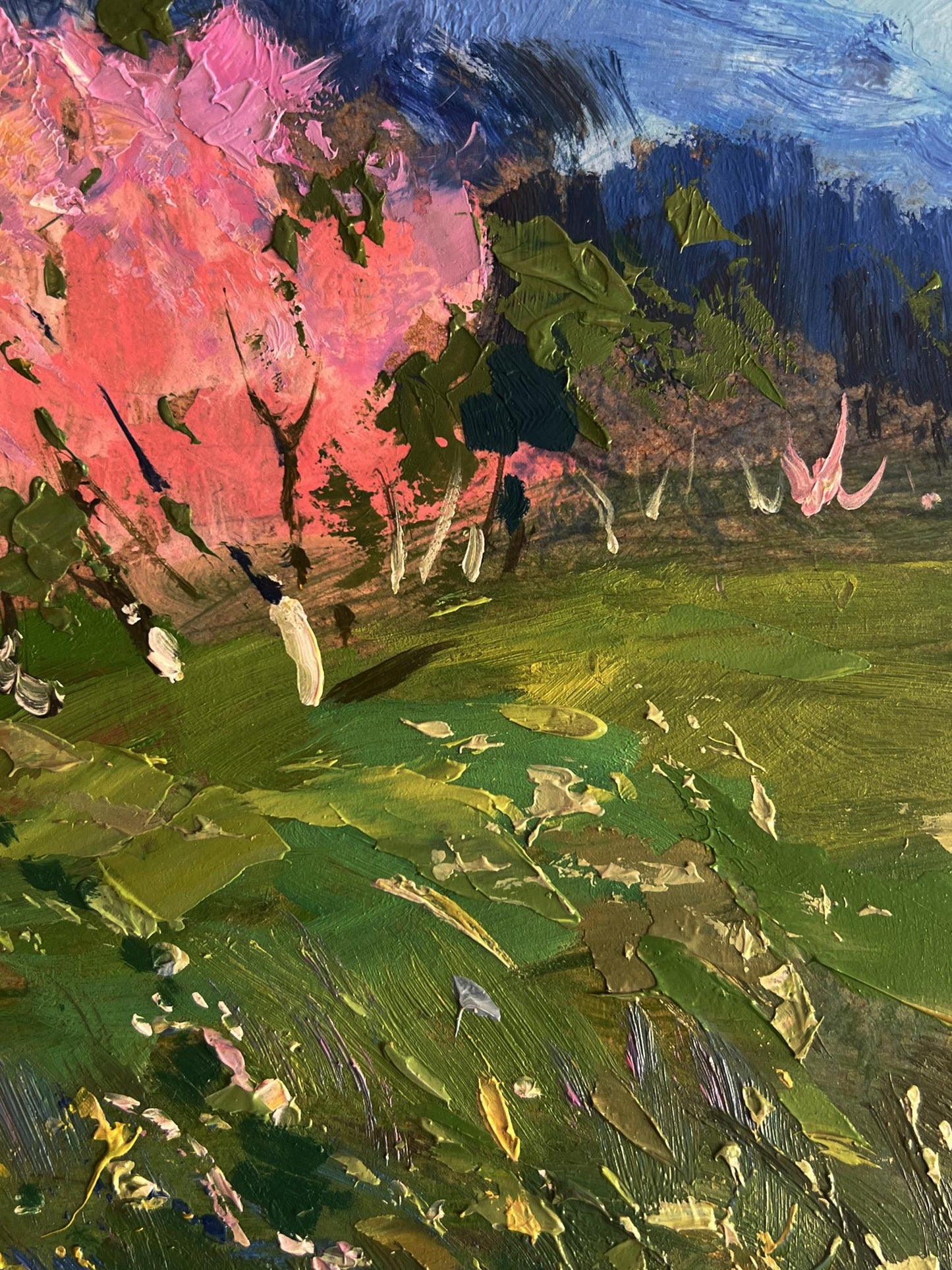 Vibrant oil painting of blooming trees in garden by Yuriy Suprunchuk