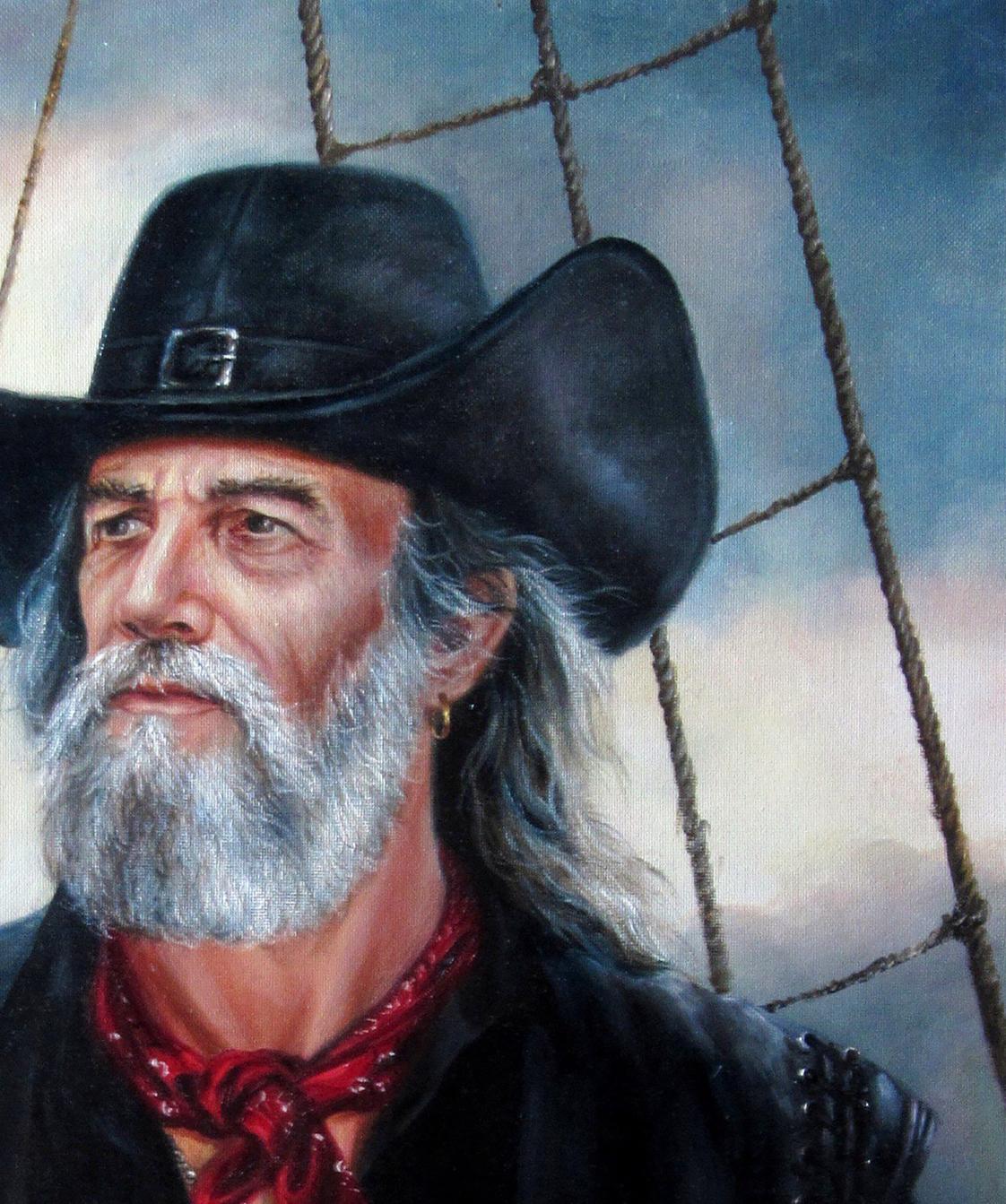 Black cowboy hat with silver buckle in Oil painting Sea Wolf Valeriy Bulat