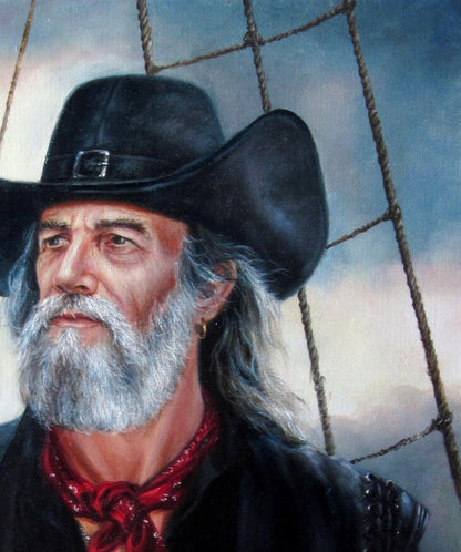 Black cowboy hat with silver buckle in Oil painting Sea Wolf Valeriy Bulat