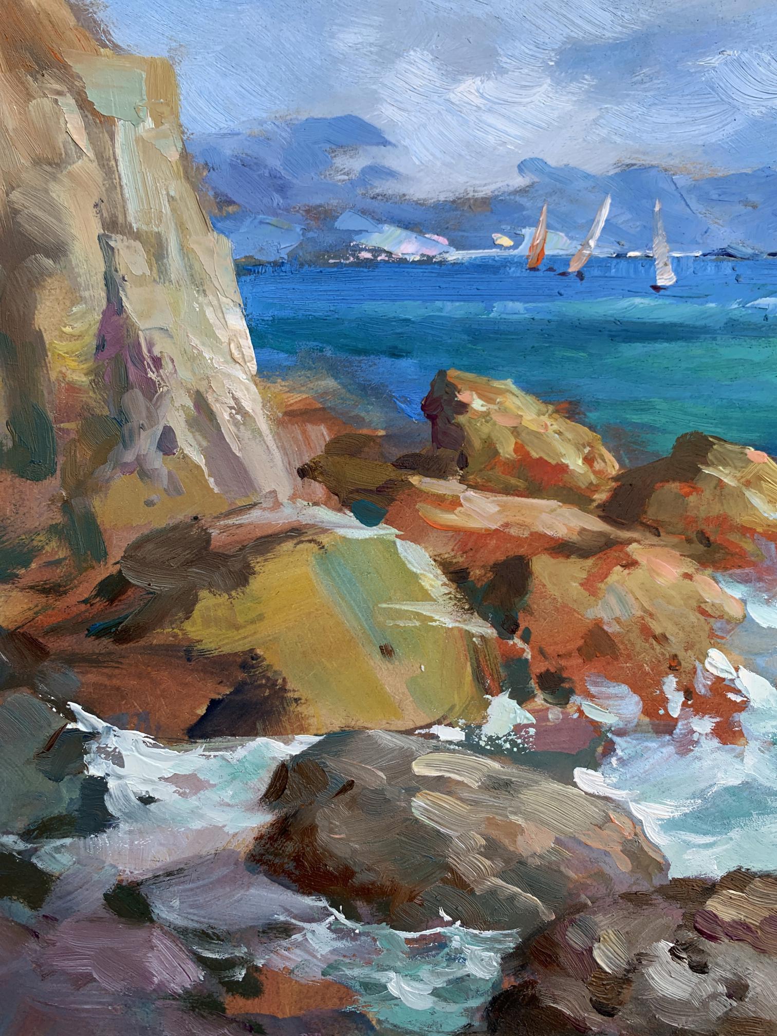 Vibrant oil painting by Yuriy Suprunchuk of sea waves beating against rugged coastal cliffs and turquoise waters with sailboats