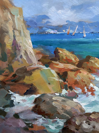 Vibrant oil painting by Yuriy Suprunchuk of sea waves beating against rugged coastal cliffs and turquoise waters with sailboats