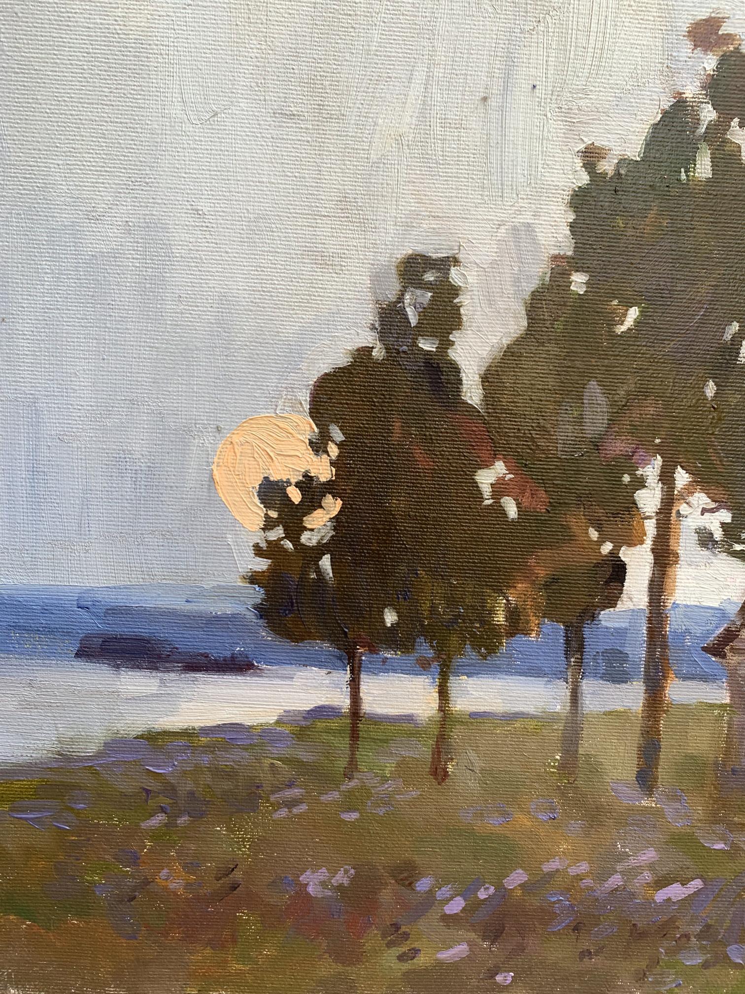 Oil painting by Temple Tatyana Derdey: silhouetted trees, pale sky, purple wildflowers
