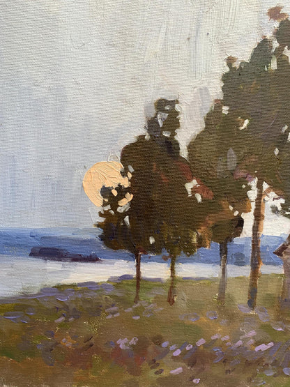 Oil painting by Temple Tatyana Derdey: silhouetted trees, pale sky, purple wildflowers