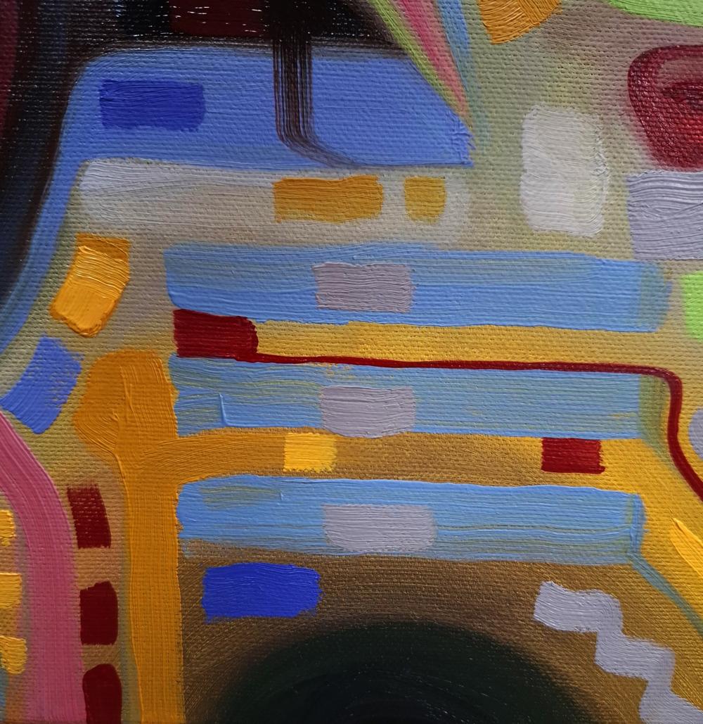 Oil painting Green Electric Fugu by Sergiy Voichenko with bold blue yellow red bands