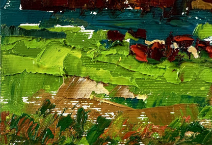Vibrant Evening Village oil painting by Oleksiy Ivanyuk with textured green fields and blue sky