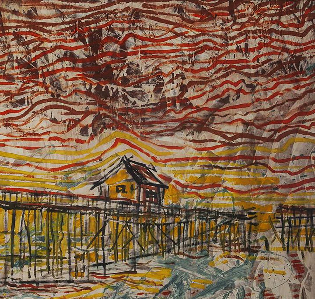 Oil painting Nascer do Sol by Serhiy Kovalev: house on stilts in red-yellow sunset