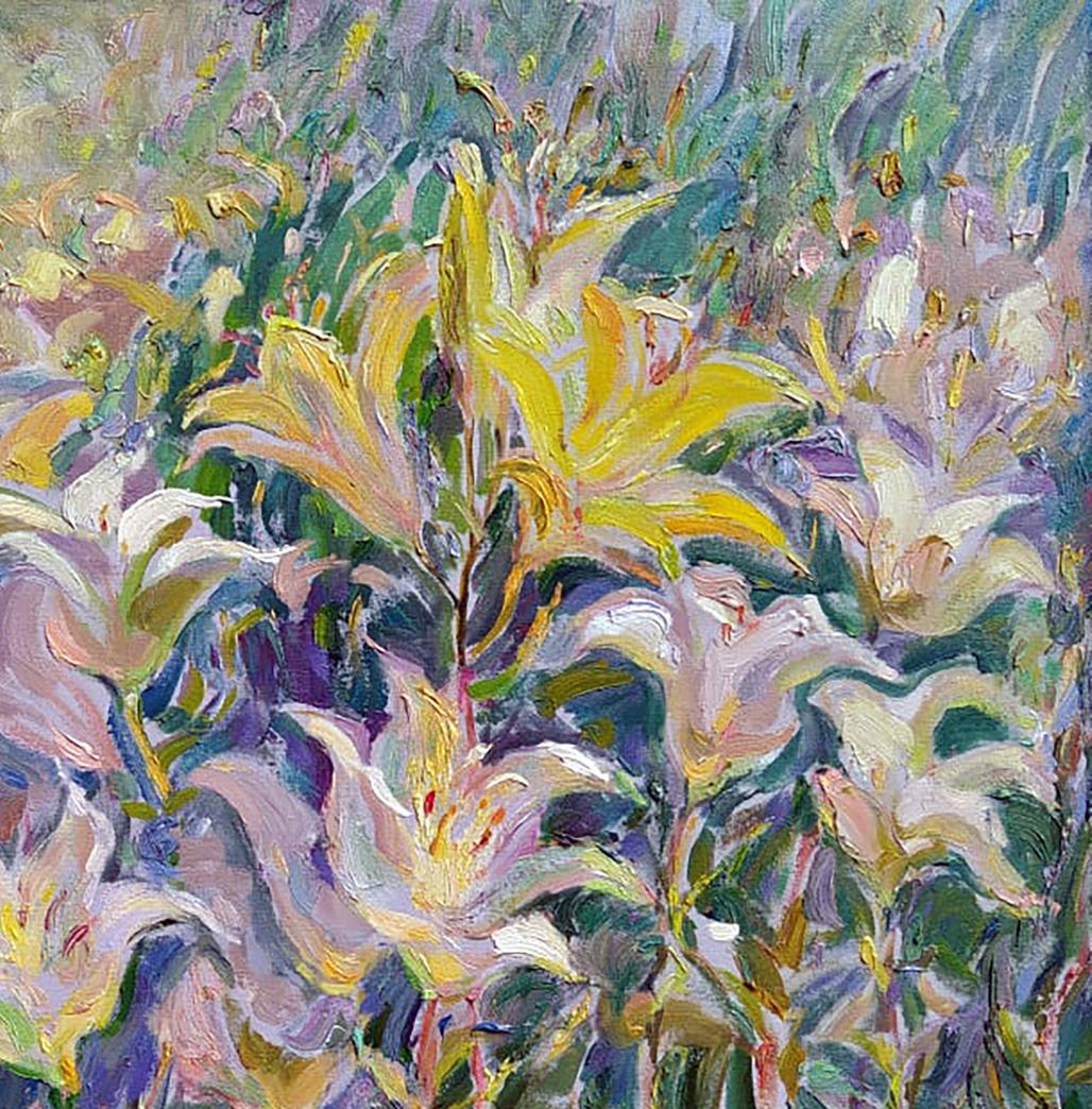 Vibrant impressionist oil painting Lilies in the garden by Leonid Pavlenko