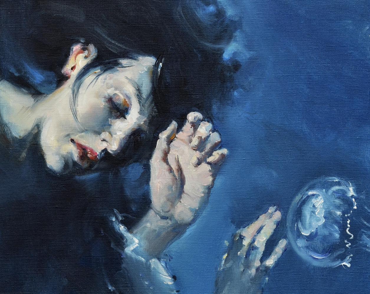 Moody blue oil painting Underwater touch by Oleg Kateryniuk: woman with dark hair, red lips cupping translucent bubble