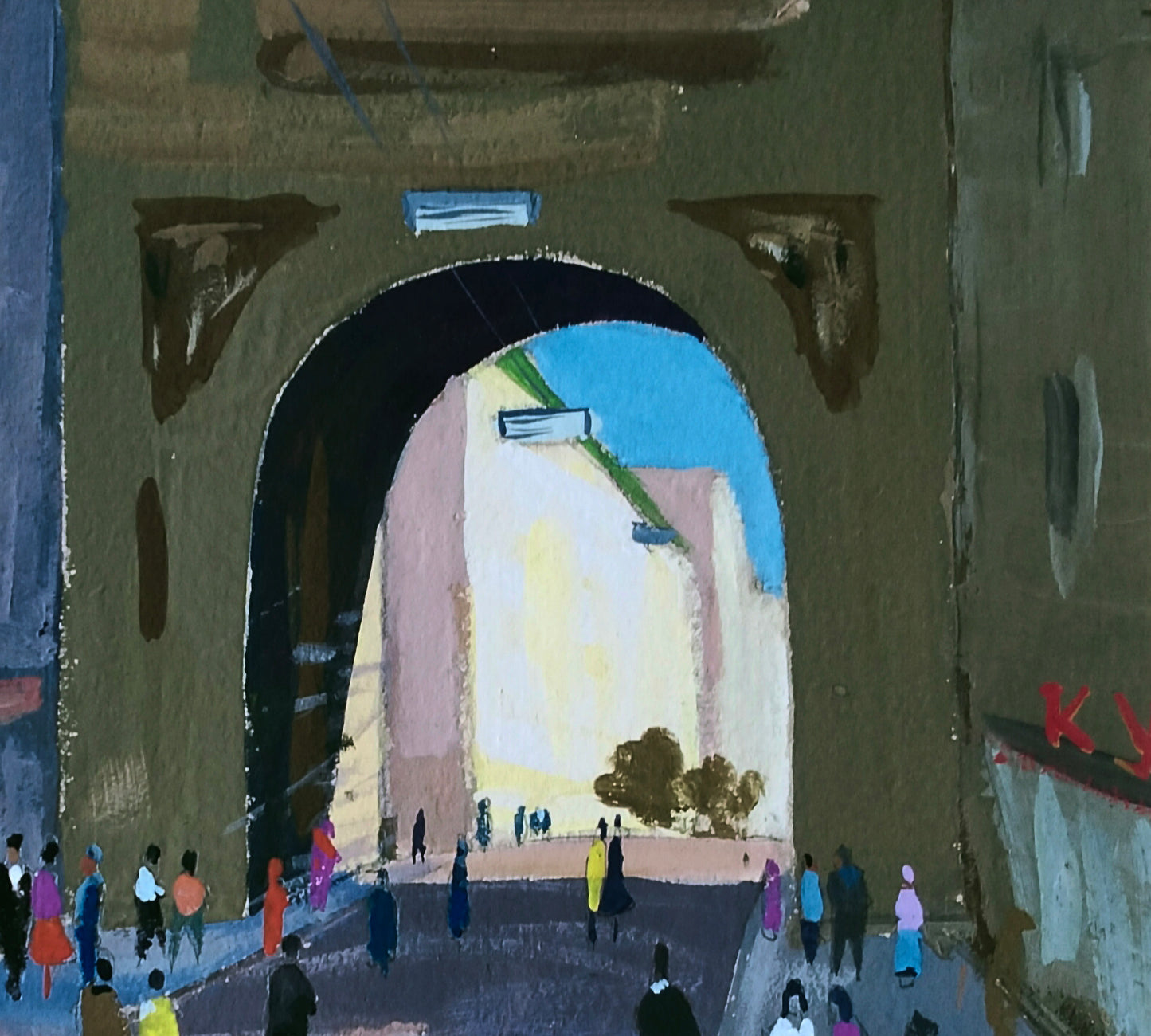 Stylized gouache painting of infinite movement on city by Vitaly Duhnevich, arched stone gateway to blue sky
