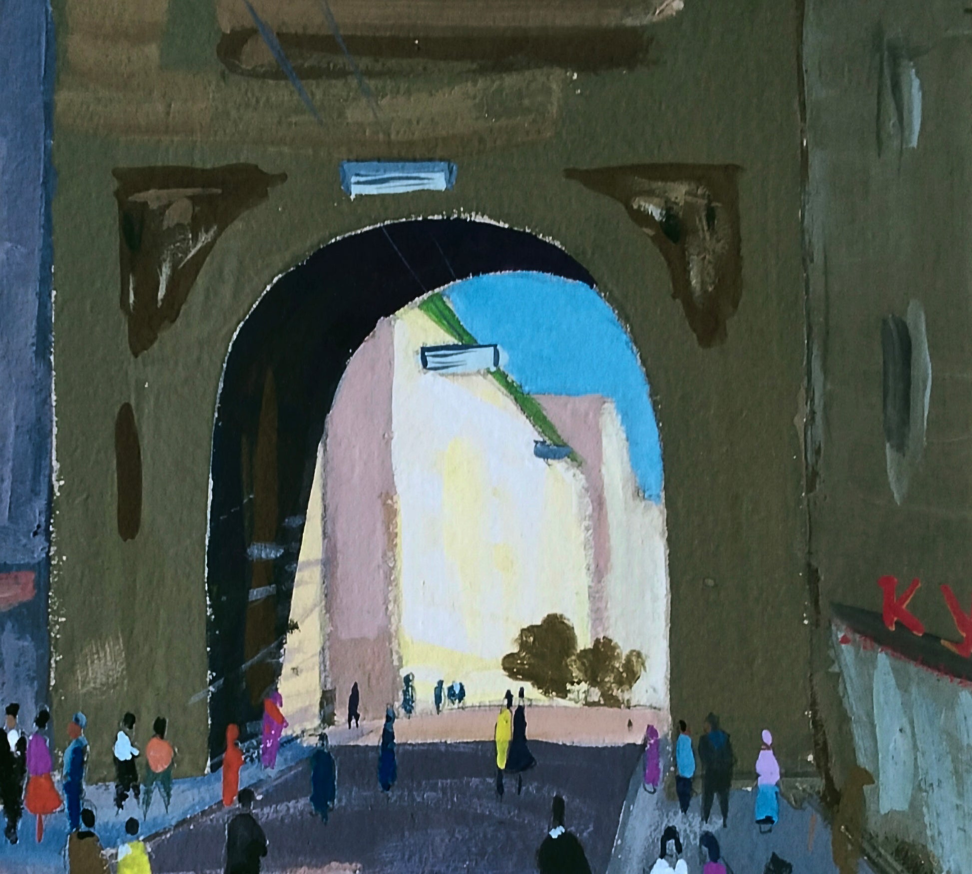 Stylized gouache painting of infinite movement on city by Vitaly Duhnevich, arched stone gateway to blue sky