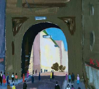 Stylized gouache painting of infinite movement on city by Vitaly Duhnevich, arched stone gateway to blue sky