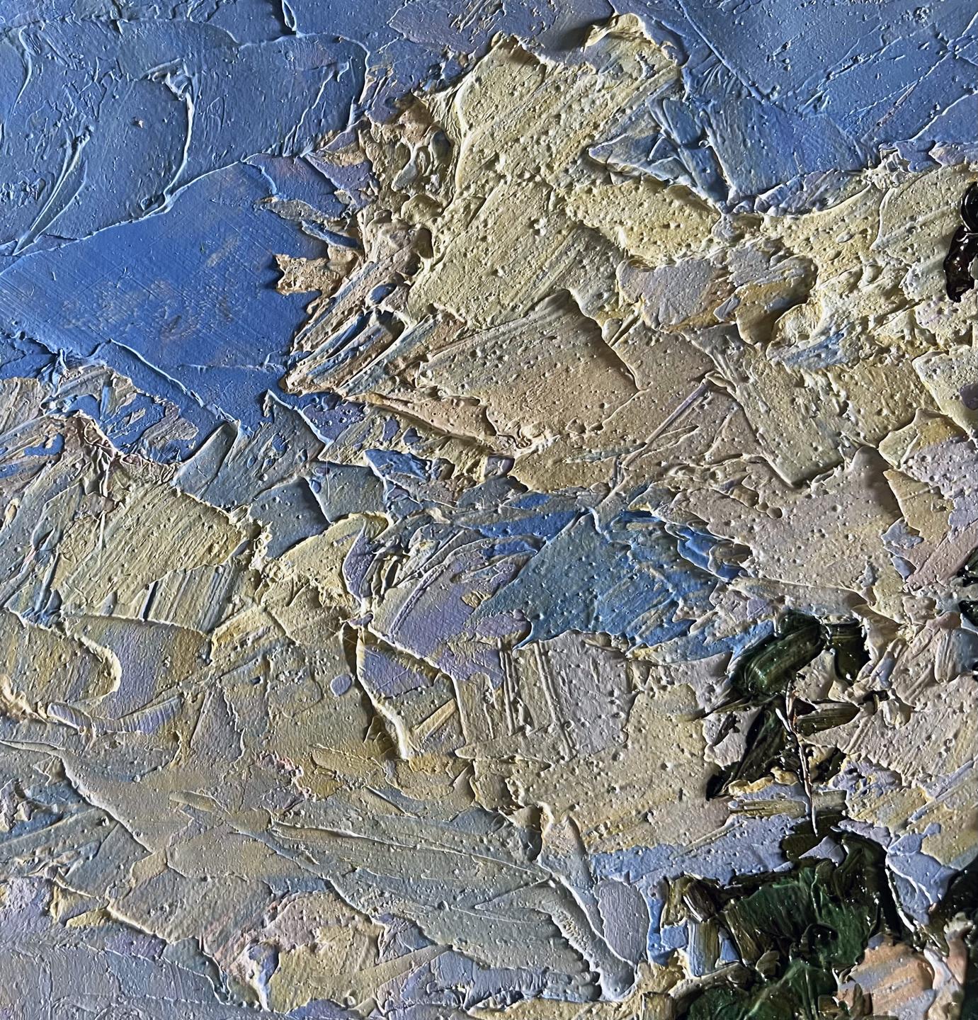 Oil painting Sand cliff by the river by Boris Serdyuk, textured impasto in blue, beige, green