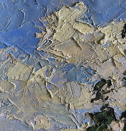 Oil painting Sand cliff by the river by Boris Serdyuk, textured impasto in blue, beige, green