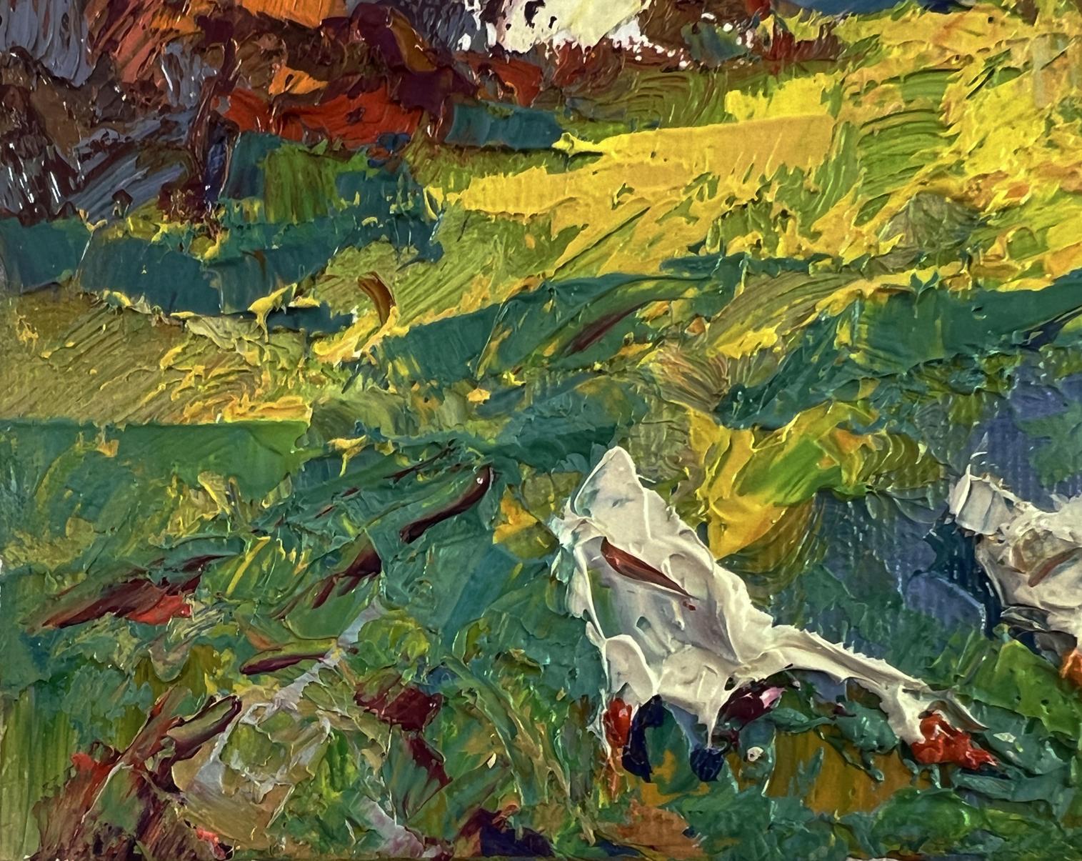 Oil painting In the Shade of the Trees by Oksana Ivanyuk with textured green, yellow, blue strokes and white shell form