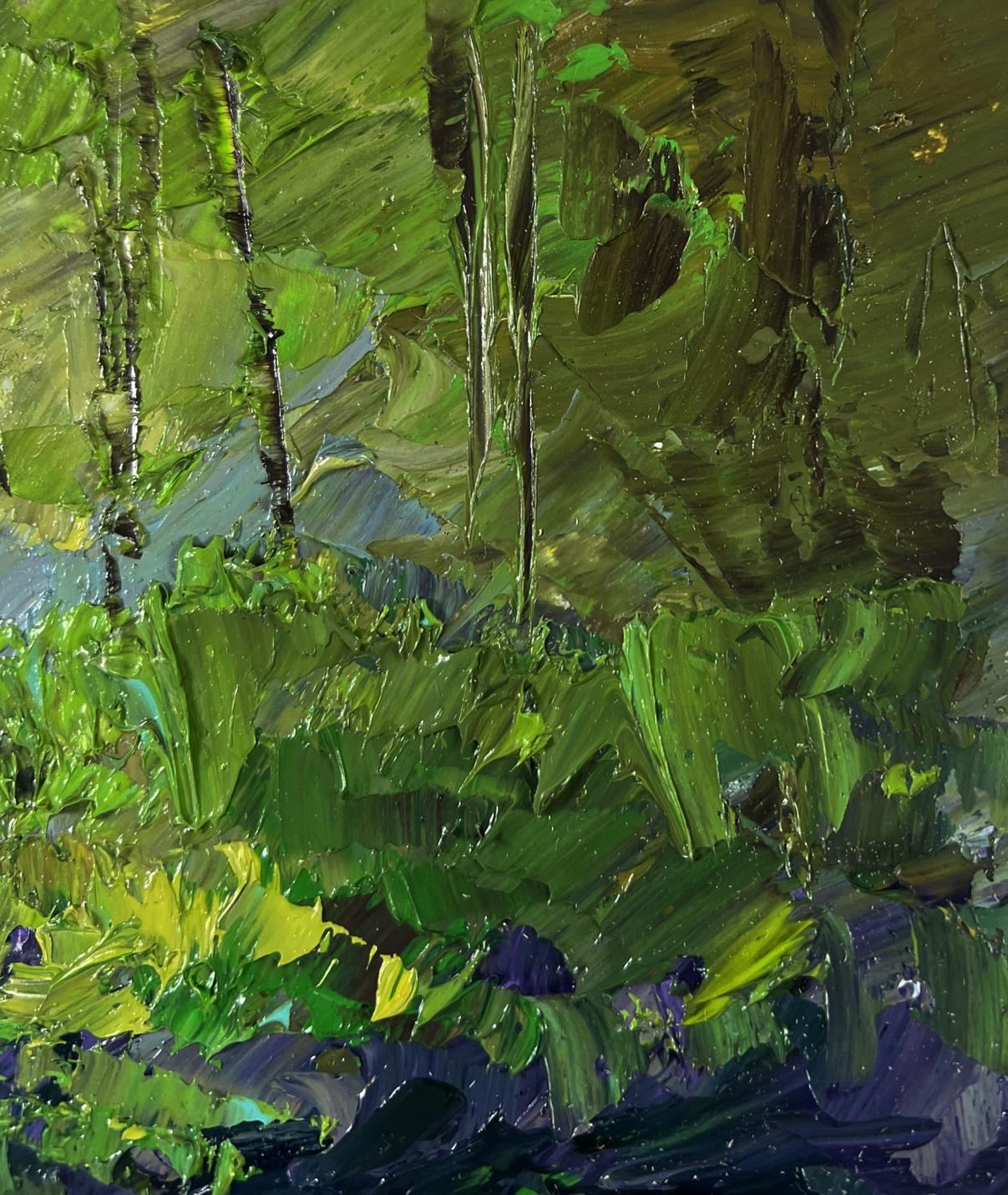Textured impressionist forest painting by Boris Serdyuk with vibrant greens